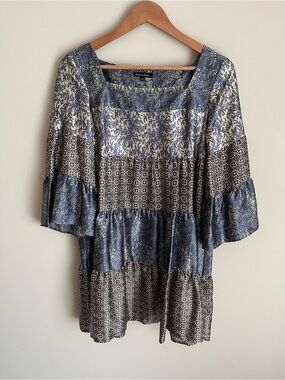 Pedro Del Hierro Women's Boho Tiered Dress Mixed Prints Size 40 100% Silk
